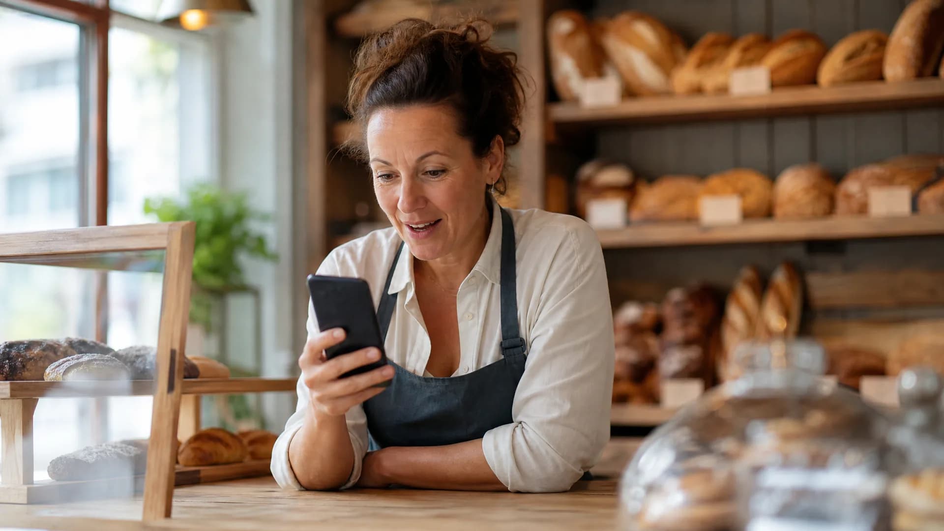 A bakery owner leaning on her shop counter, looking at her phone