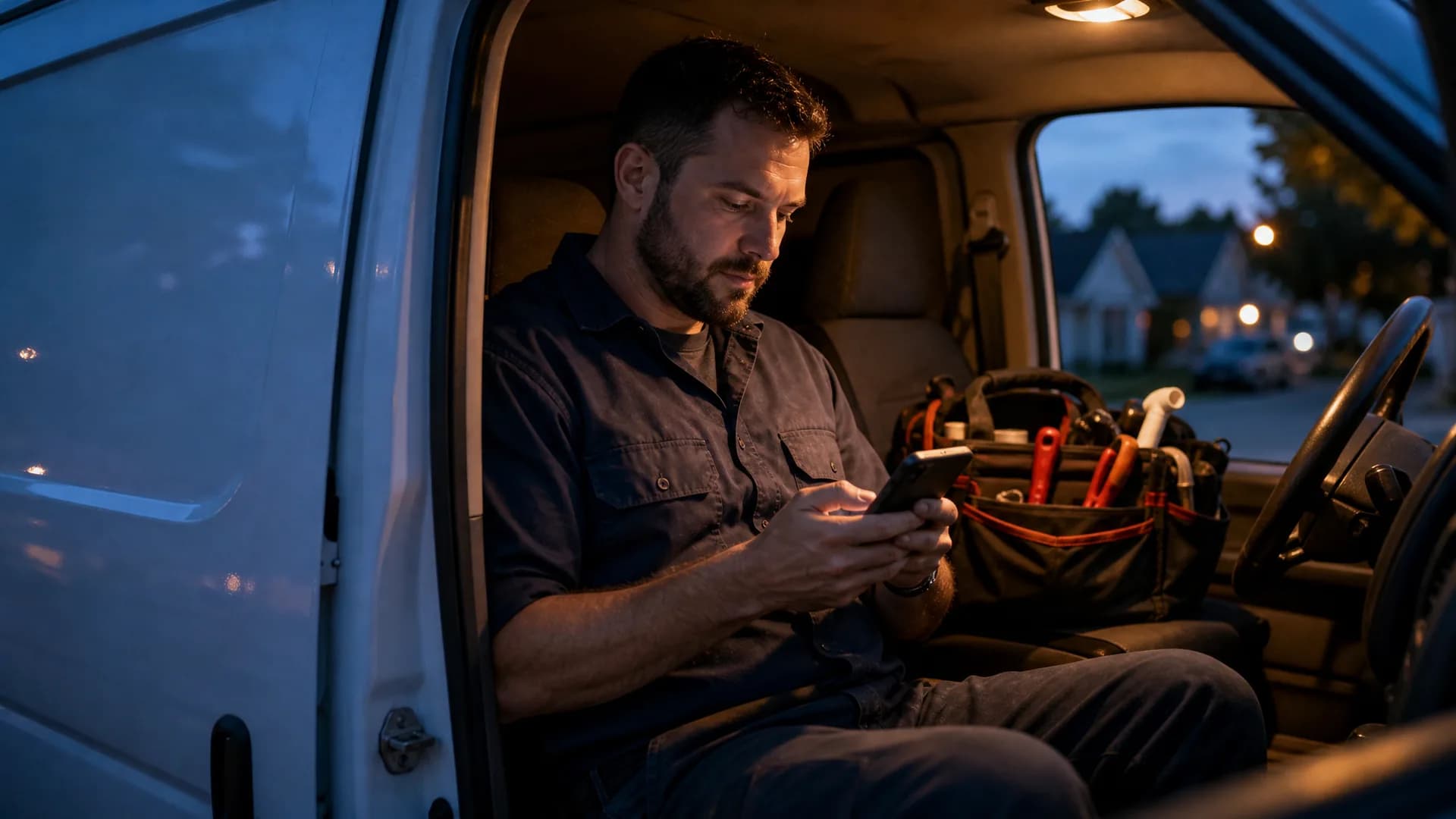 A plumber sitting in his parked van at dusk, typing an update on his phone after the last job