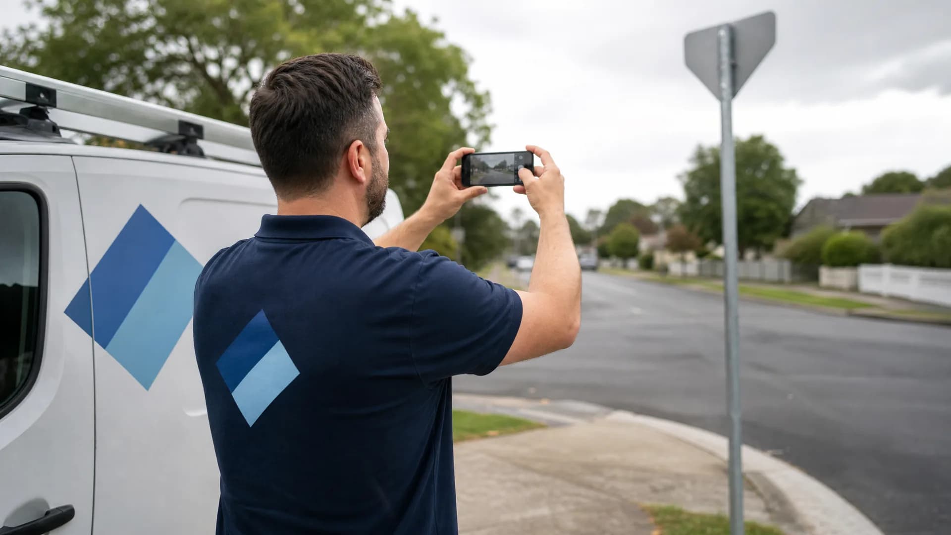 An electrician standing beside his work van on a residential street, filming with his phone