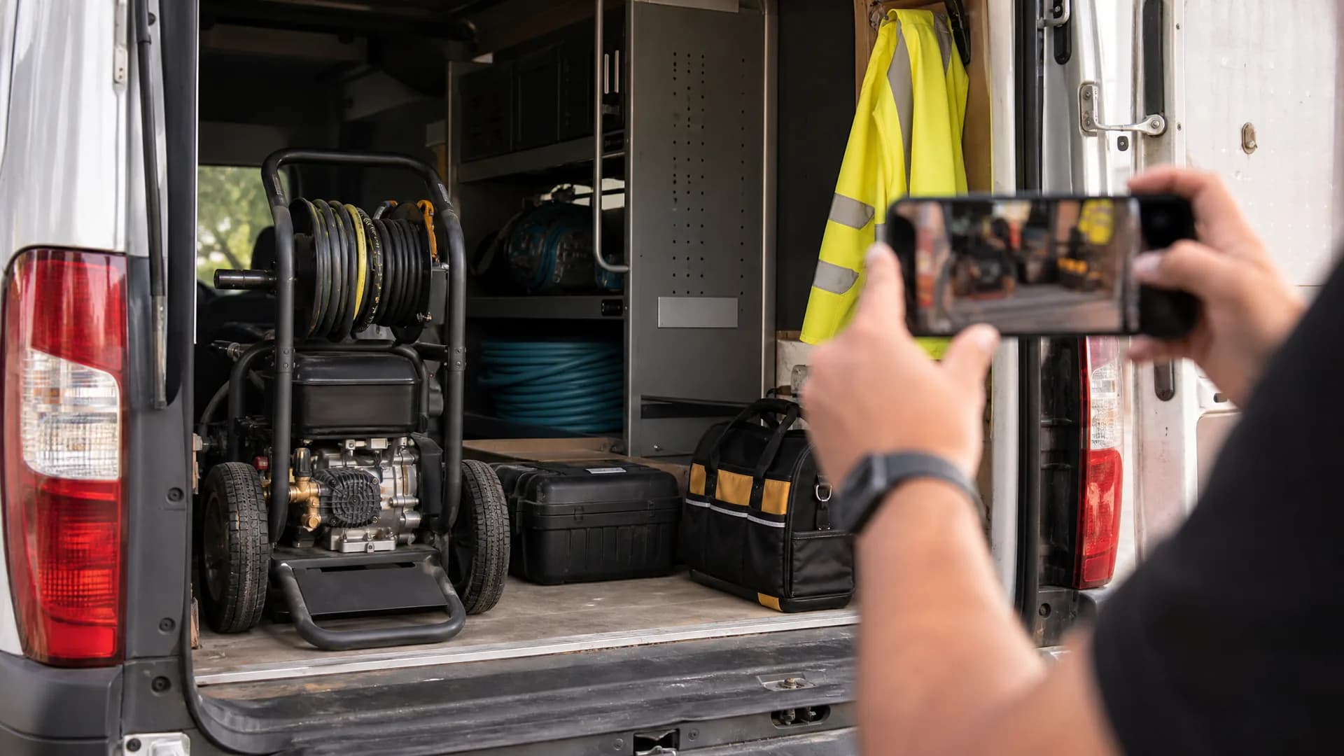 The open rear doors of a work van showing neatly organised tools, filmed on a phone