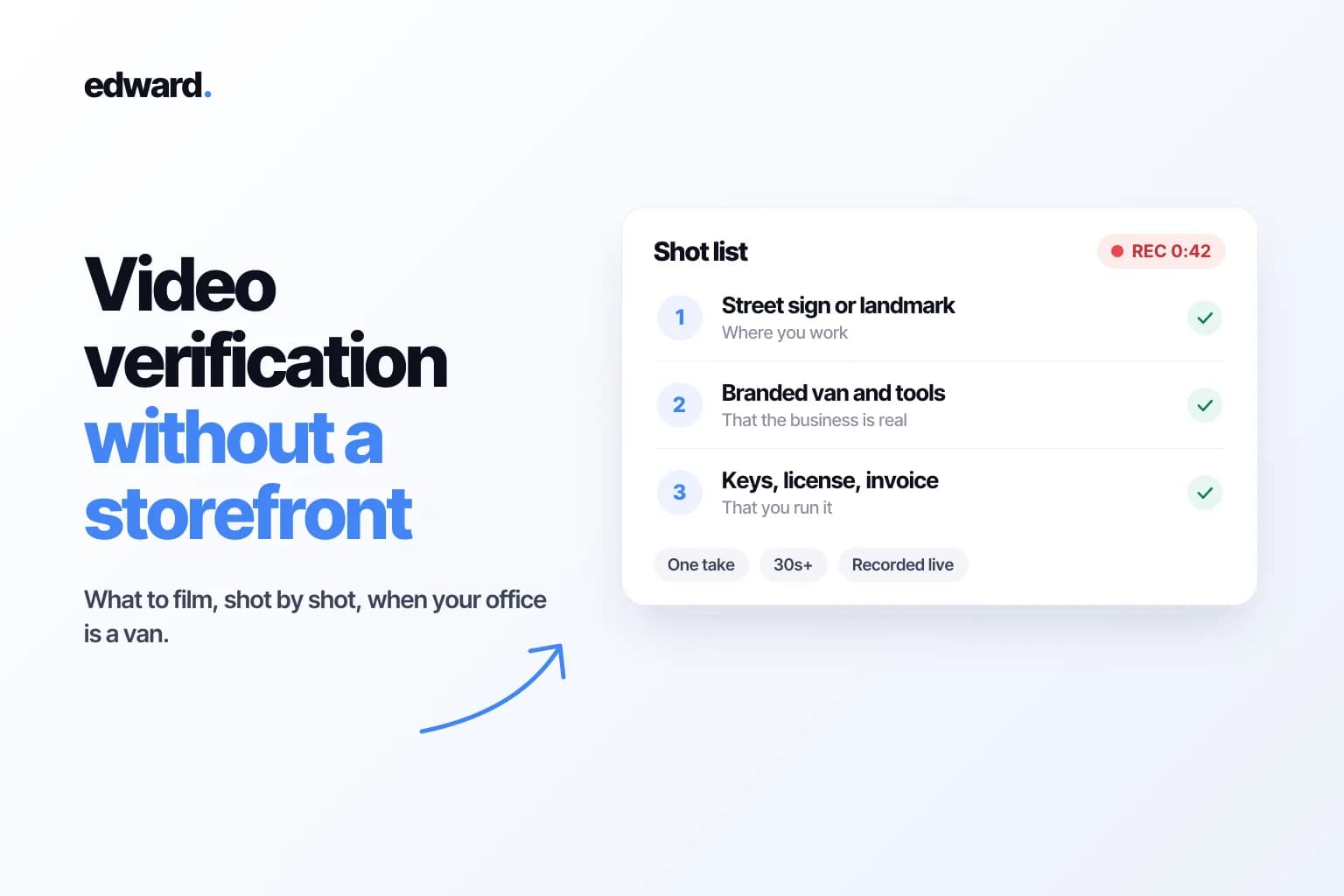 A three-step video verification shot list for service-area businesses, in Edward's brand style